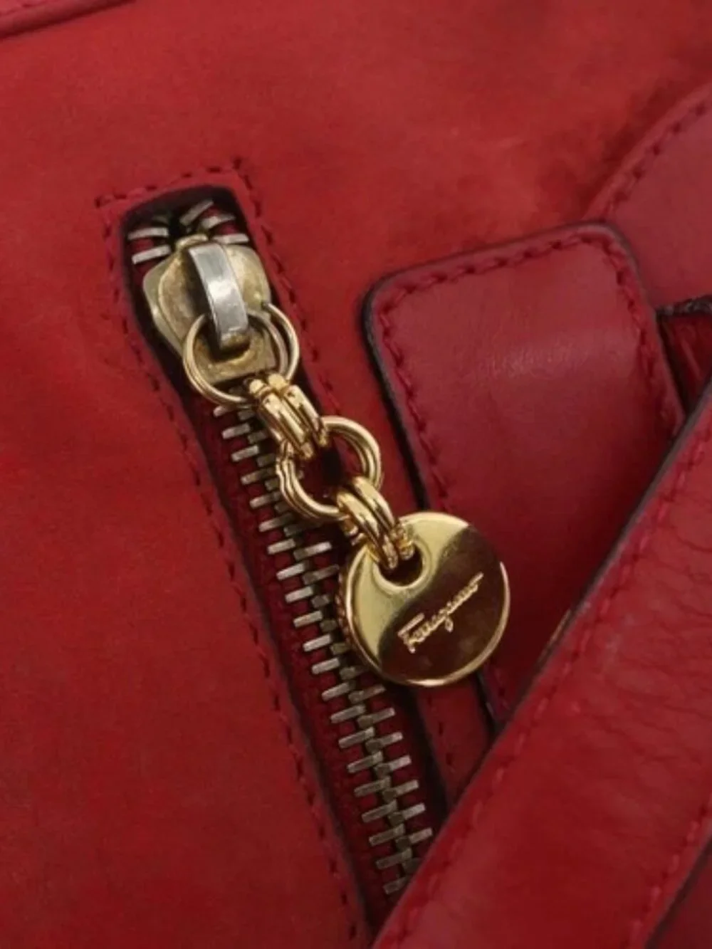 Salvatore Ferragamo Vala Backpack Suede Red Gold Auth BA11218
